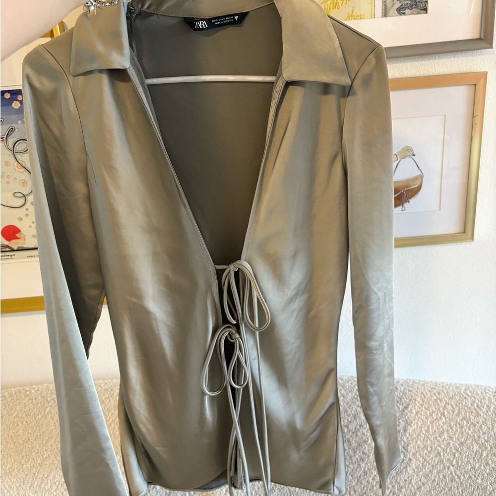 Zara Women's Sage Olive Tie-Front Satin Top